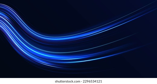 La luz dinámica de movimiento sigue el fondo azul oscuro. Efecto de seguimiento de la luz del vector. Futurista, patrón tecnológico para diseño de banners. Líneas de onda de fuego neón azul brillante con bengalas brillantes voladoras.