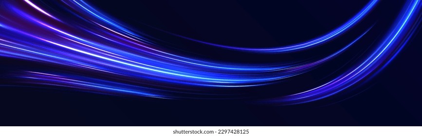 Dynamic motion light trails on dark blue background. Vector light tracing effect. Futuristic, technology pattern for banner design. Neon blue glitter fire wave lines with flying sparkling flares.