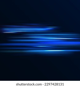 Dynamic motion light trails on dark blue background. Vector light tracing effect. Futuristic, technology pattern for banner design. Neon blue glitter fire wave lines with flying sparkling flares.