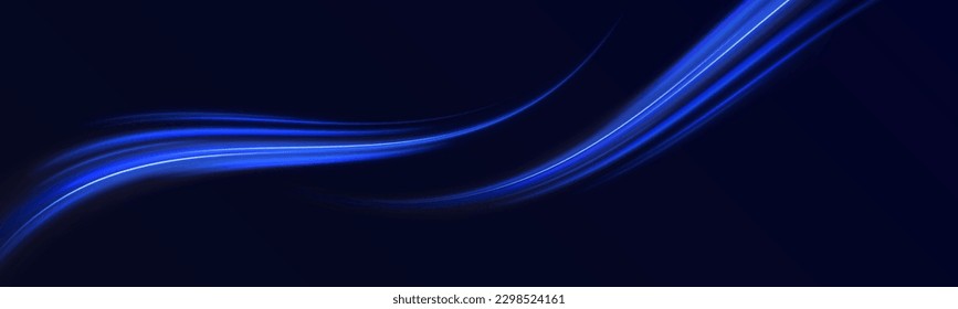 Dynamic motion light trails on dark blue background. Vector light tracing effect. Futuristic, technology pattern for banner design. Neon blue glitter fire wave lines with flying sparkling flares.