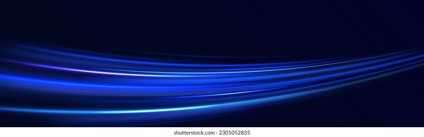 La luz dinámica de movimiento sigue el fondo azul oscuro. Efecto de seguimiento de la luz del vector. Futurista, patrón tecnológico para diseño de banners. Líneas de onda de fuego neón azul brillante con bengalas brillantes voladoras.