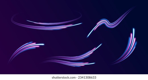 Dynamic motion light trails with on dark background. Blue and red trails with blur effect, long exposure time. Vector illustration of high speed line. Abstract wave. Neon gradient wavy. 