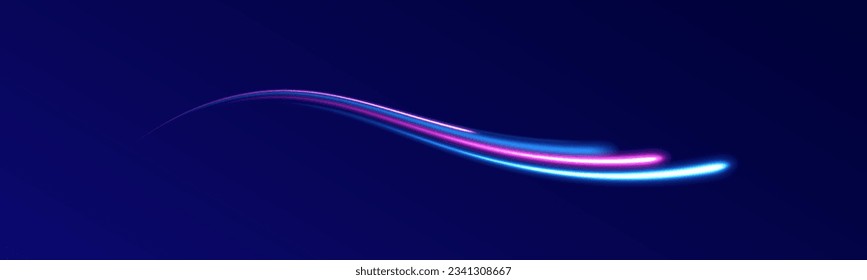 Dynamic motion light trails with on dark background. Blue and red trails with blur effect, long exposure time. Vector illustration of high speed line. Abstract wave. Neon gradient wavy. 