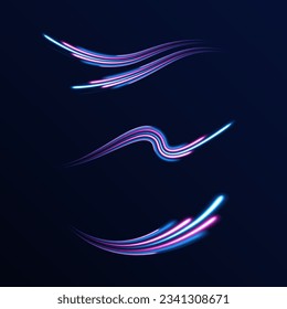 Dynamic motion light trails with on dark background. Blue and red trails with blur effect, long exposure time. Vector illustration of high speed line. Abstract wave. Neon gradient wavy. 