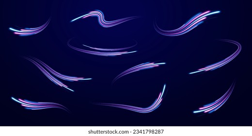 La luz dinámica de movimiento se recorre con el fondo oscuro. Caminos azules y rojos con efecto borroso, tiempo de exposición largo. Ilustración vectorial de la línea de alta velocidad. Ola abstracta. Onda de gradiente neón. 