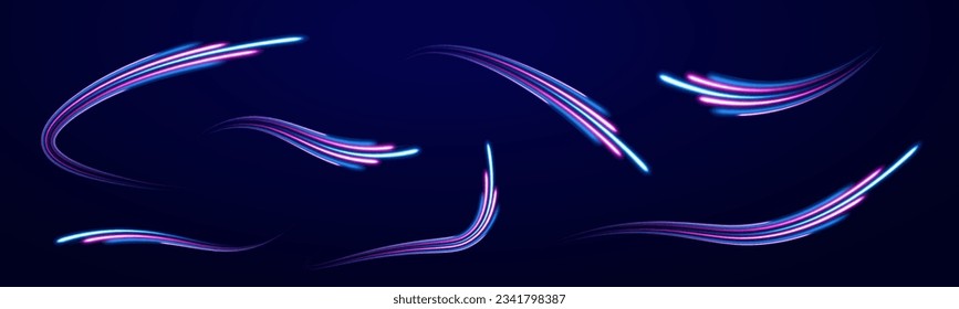 Dynamic motion light trails with on dark background. Blue and red trails with blur effect, long exposure time. Vector illustration of high speed line. Abstract wave. Neon gradient wavy. 