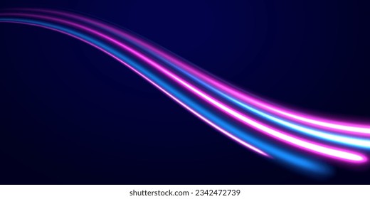 La luz dinámica de movimiento se recorre con el fondo oscuro. Caminos azules y rojos con efecto borroso, tiempo de exposición largo. Ilustración vectorial de la línea de alta velocidad. Ola abstracta. Onda de gradiente neón. 