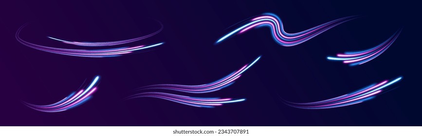 Dynamic motion light trails with on dark background. Blue and red trails with blur effect, long exposure time. Vector illustration of high speed line. Abstract wave. Neon gradient wavy. 