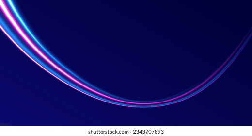 Dynamic motion light trails with on dark background. Blue and red trails with blur effect, long exposure time. Vector illustration of high speed line. Abstract wave. Neon gradient wavy. 