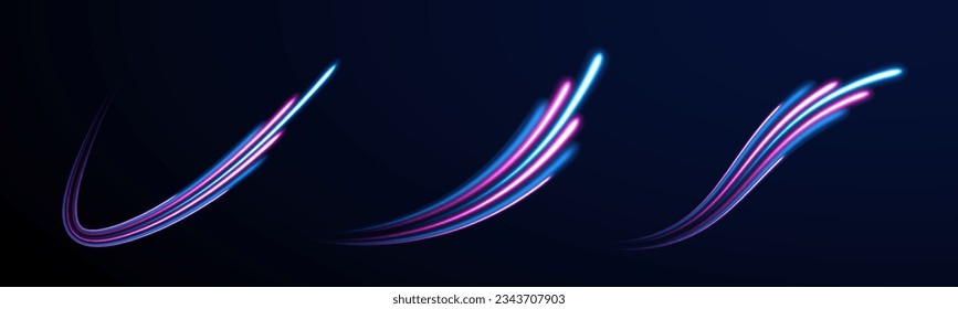 Dynamic motion light trails with on dark background. Blue and red trails with blur effect, long exposure time. Vector illustration of high speed line. Abstract wave. Neon gradient wavy. 