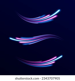 La luz dinámica de movimiento se recorre con el fondo oscuro. Caminos azules y rojos con efecto borroso, tiempo de exposición largo. Ilustración vectorial de la línea de alta velocidad. Ola abstracta. Onda de gradiente neón. 