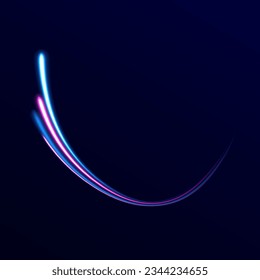 Dynamic motion light trails with on dark background. Blue and red trails with blur effect, long exposure time. Vector illustration of high speed line. Abstract wave. Neon gradient wavy. 