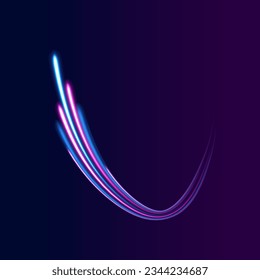 Dynamic motion light trails with on dark background. Blue and red trails with blur effect, long exposure time. Vector illustration of high speed line. Abstract wave. Neon gradient wavy. 