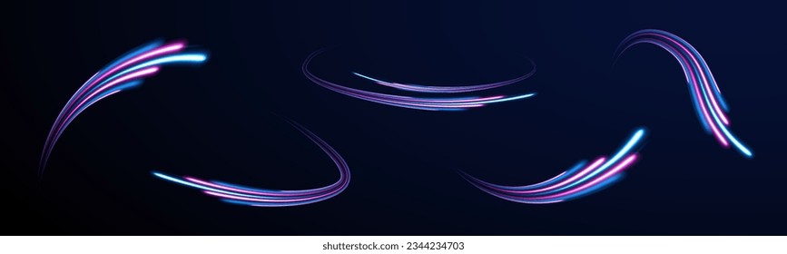 La luz dinámica de movimiento se recorre con el fondo oscuro. Caminos azules y rojos con efecto borroso, tiempo de exposición largo. Ilustración vectorial de la línea de alta velocidad. Ola abstracta. Onda de gradiente neón. 