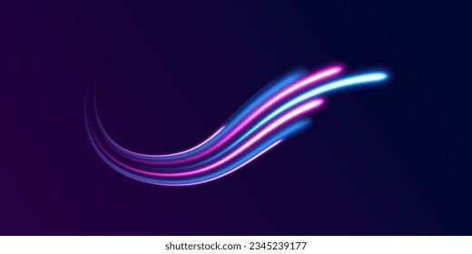 Dynamic motion light trails with on dark background. Blue and red trails with blur effect, long exposure time. Vector illustration of high speed line. Abstract wave. Neon gradient wavy. 