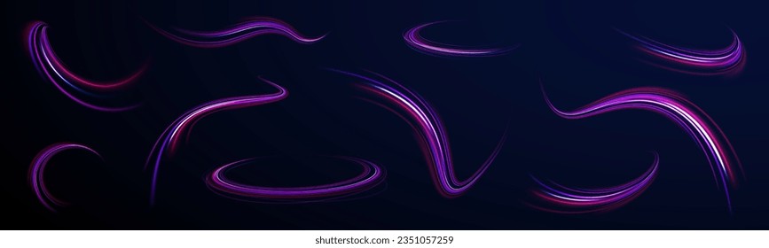 Dynamic motion light trails with on dark background. Blue and red trails with blur effect, long exposure time. Vector illustration of high speed line. Abstract wave. Neon gradient wavy. 