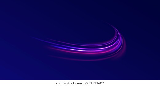 La luz dinámica de movimiento se recorre con el fondo oscuro. Caminos azules y rojos con efecto borroso, tiempo de exposición largo. Ilustración vectorial de la línea de alta velocidad. Ola abstracta. Onda de gradiente neón. 