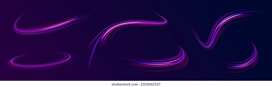 Dynamic motion light trails with on dark background. Blue and red trails with blur effect, long exposure time. Vector illustration of high speed line. Abstract wave. Neon gradient wavy. 