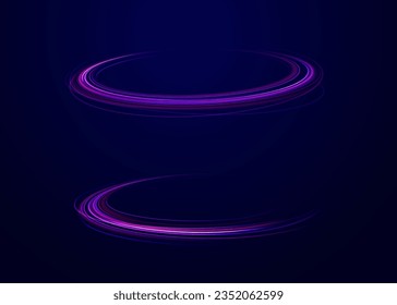 Dynamic motion light trails with on dark background. Blue and red trails with blur effect, long exposure time. Vector illustration of high speed line. Abstract wave. Neon gradient wavy. 