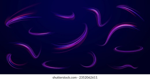 Dynamic motion light trails with on dark background. Blue and red trails with blur effect, long exposure time. Vector illustration of high speed line. Abstract wave. Neon gradient wavy. 