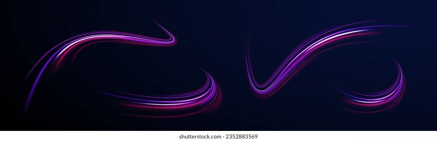 Dynamic motion light trails with on dark background. Blue and red trails with blur effect, long exposure time. Vector illustration of high speed line. Abstract wave. Neon gradient wavy. 