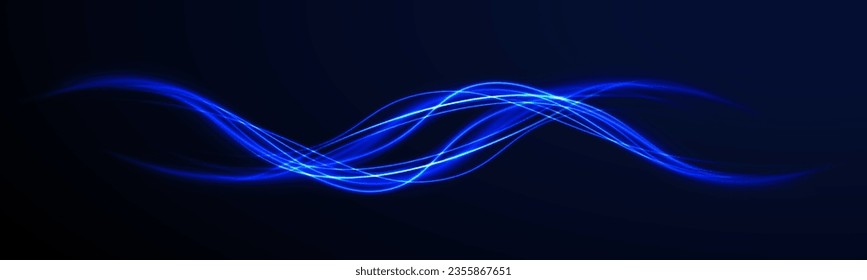 La luz dinámica de movimiento sigue el fondo azul oscuro. Efecto de seguimiento de la luz del vector. Giro de neón, espiral. Líneas de onda de fuego de neón violeta con bengalas brillantes voladoras. Círculo mágico. túnel de flujo de energía