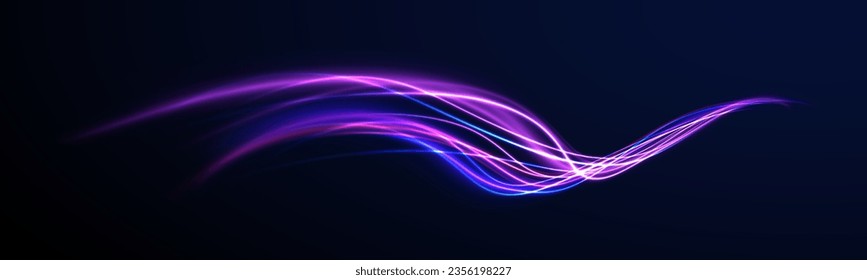 Dynamic motion light trails on dark blue background. Vector light tracing effect. Neon swirl, spiral. Neon purple glitter fire wave lines with flying sparkling flares. Magic circle. Energy flow tunnel