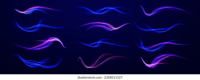 Dynamic motion light trails on dark blue background. Vector light tracing effect. Neon swirl, spiral. Neon purple glitter fire wave lines with flying sparkling flares. Magic circle. Energy flow tunnel