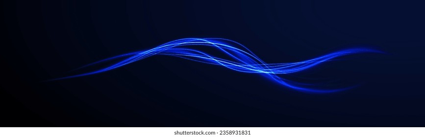 Dynamic motion light trails on dark blue background. Vector light tracing effect. Neon swirl, spiral. Neon purple glitter fire wave lines with flying sparkling flares. Magic circle. Energy flow tunnel