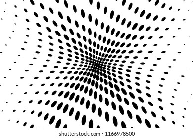 Dynamic, motion pattern with dotted lines. Twisted circles, points with halftone effect. Optical pop art texture. Vector illustration