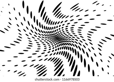 Dynamic, motion pattern with dotted lines. Twisted circles, points with halftone effect. Optical pop art texture. Vector illustration
