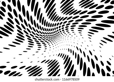 Dynamic, motion pattern with dotted lines. Twisted circles, points with halftone effect. Optical pop art texture. Vector illustration