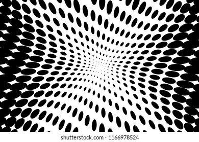 Dynamic, motion pattern with dotted lines. Twisted circles, points with halftone effect. Optical pop art texture. Vector illustration