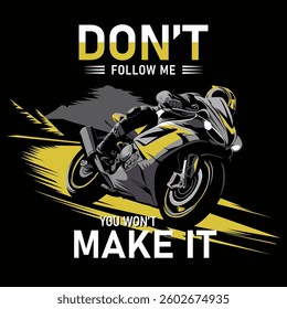 Dynamic motorcyclist design featuring bold text and a vibrant yellow-black scheme.