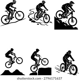 Dynamic mountain biker silhouettes in different riding styles, showcasing extreme sports and outdoor recreation on varied terrain.
