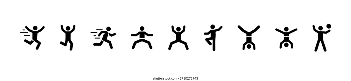 Un conjunto de iconos de movimiento dinámico que muestra carreras, saltos, yoga y poses deportivas. Ideal para imágenes de actividad física o física.