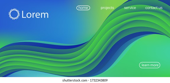 Dynamic Movement Trendy Wave. Landing Page, Green, Purple Background. 3d Fluid Vivid Vector Background. Colorful Lucid Gradient Wallpaper. Funky Liquid Shape Banner. Neon Color Website Template.