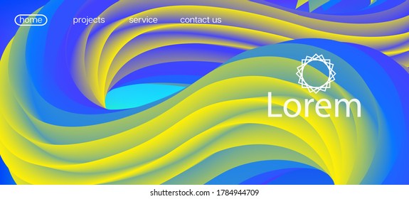 Dynamische Bewegung Trendschwung. Landing Page, Gelb, blauer Hintergrund. Neon Color Website Layout. Modernes Fließbanner. Geometrisches Lucid-Farbüberlagern. 3D-Fluid-Vivid-Vektorhintergrund.
