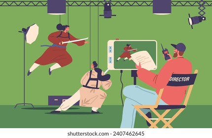 Dynamic Movie Studio Scene, Director Manages Samurai Intense Choreographed Combat. Precision Blocking