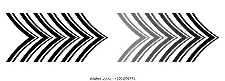 Dynamic moving arrow. Chevron arrow, moving arrows icon. Blend effect, pointer, speed direction, road sign, military, navigation sign isolated on white background. Vector illustration. EPS 10