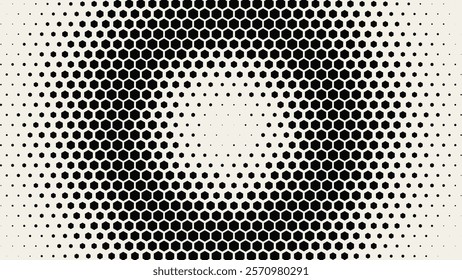 Dynamic Moving Circle Hexagon Grid Frame. Abstract Geometric Monochrome Pattern. Abstract Tech Background. Vector Illustration. Halftone Multi Scale Pattern.