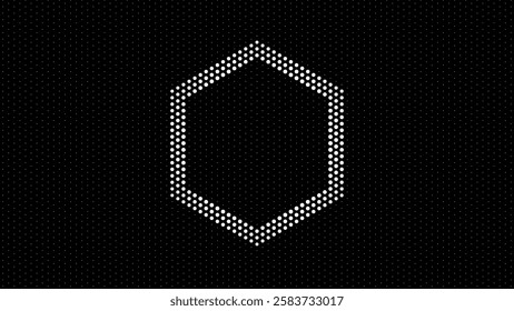 Dynamic Moving Halftone Circles Hexagon Grid Frame. Abstract Geometric Monochrome Pattern. Abstract Tech Background. Vector Illustration. Halftone Multi Scale Pattern.