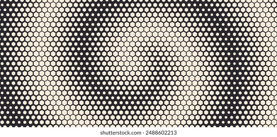 Hexagones dinámicos en movimiento en la cuadrícula hexagonal. Abstractas patrón geométrico monocromo. Abstractas fondo tecnológico. Ilustración vectorial. Patrón de escala múltiple de semitonos.