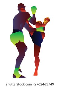 Dynamic Muay Thai gradient vector illustration featuring two boxers in a high-kick clinch pose.