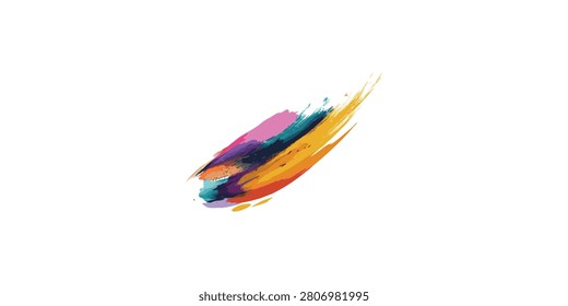 A dynamic, multi-colored paint brush stroke featuring shades of pink, blue, teal, and yellow, isolated on a clean white background.