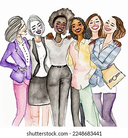 A dynamic, multi-ethnic group of young women friends. A symbol of friendship and diversity. Ideal for personalizing and highlighting strong messages.