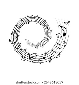 Dynamic music note swirl and spiral design forming a beautiful flowing melody, ideal for musical backgrounds, concert flyers, event invitations, or artistic decorative elements.