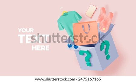 A dynamic mystery box image showcasing various fashion items like a t-shirt, shoes, sunglasses, and a shopping bag. perfect for promotional content or product announcements.