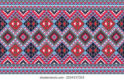 Dynamic Native American geometric pattern in blue red and navy featuring diamond shapes and zigzag motifs Navajo design perfect for fabric textile wallpaper vector artwork digital print style