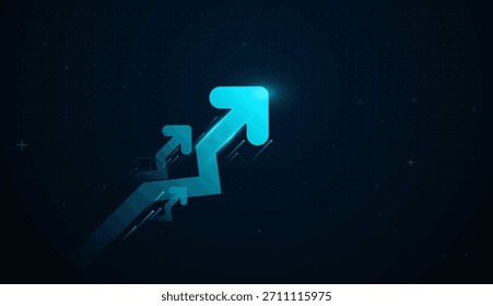 Un gráfico dinámico de flechas de neón que se mueve hacia arriba, creado para la expansión del éxito comercial y tecnológico y un sólido rendimiento financiero. Movimientos de avance de tendencia de flecha azul Abstractas